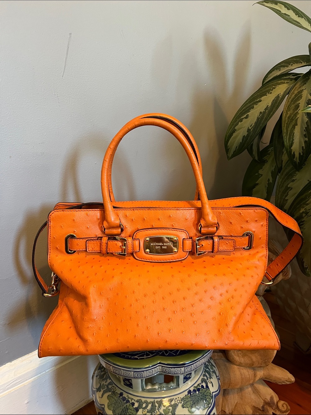 Michael Kors Orange Ostrich-Embossed Satchel with Gold Hardware